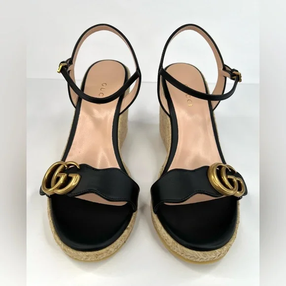Gucci Galassia Aitana Lifford Black Leather Wedge Double G Logo Sandals EU 35 - Picture 5 of 14